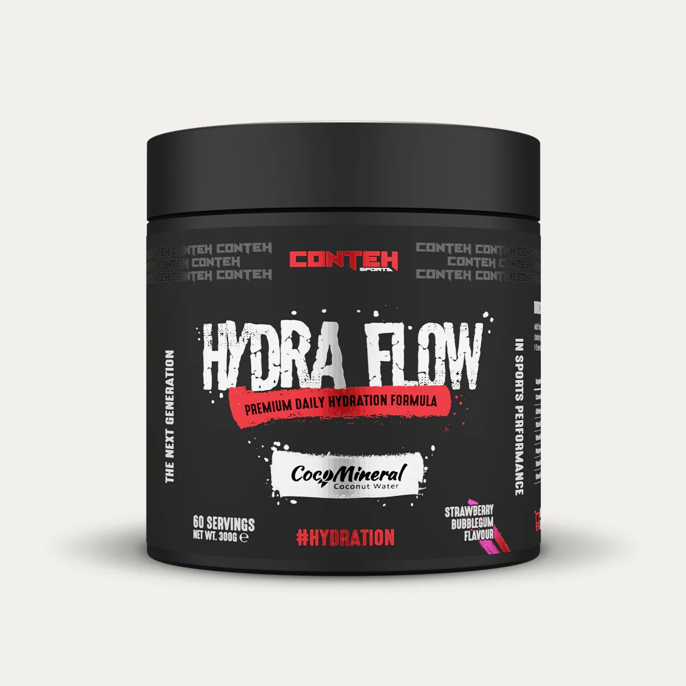 Black container of Conteh Sports Hydra Flow supplement on a light gray background